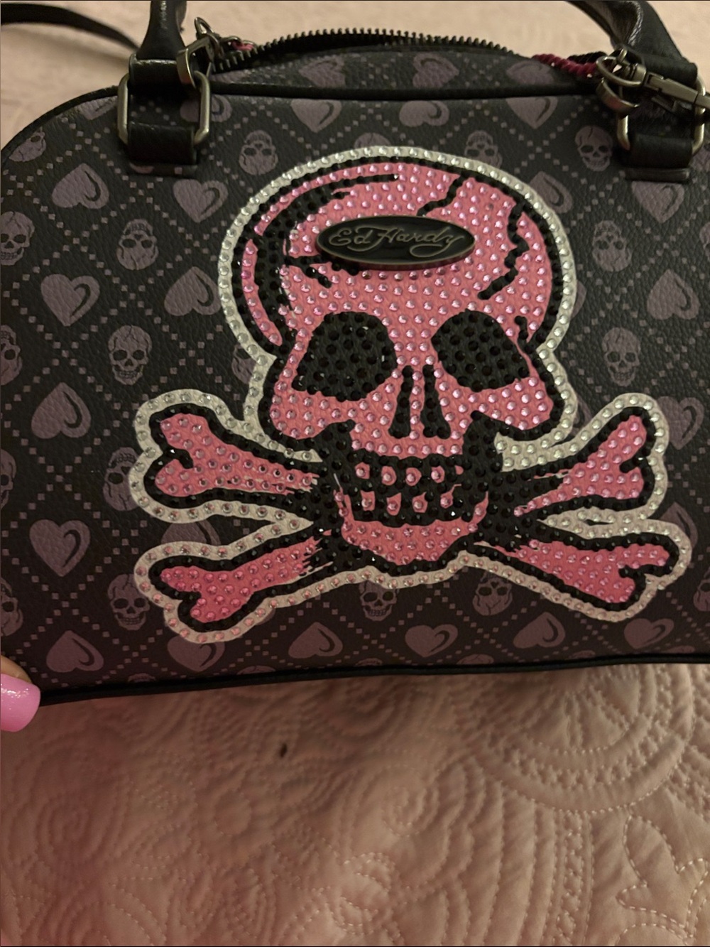 ED HARDY NWT Black and Pink Rhinestone Skull Satchel